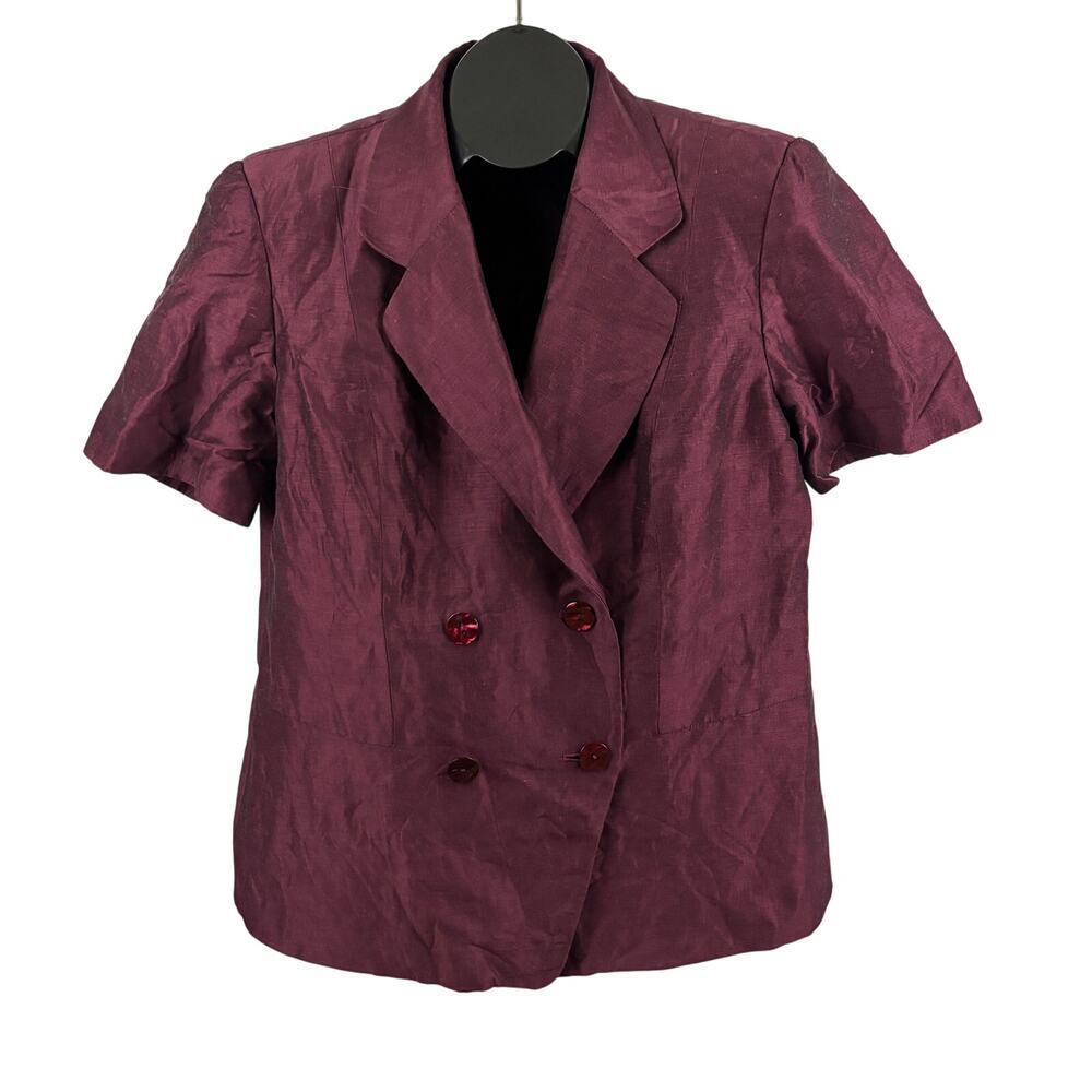 VTG Dana Buchman Jacket Blazer Wine-Red Linen Blend Womens 14 -Double Breasted